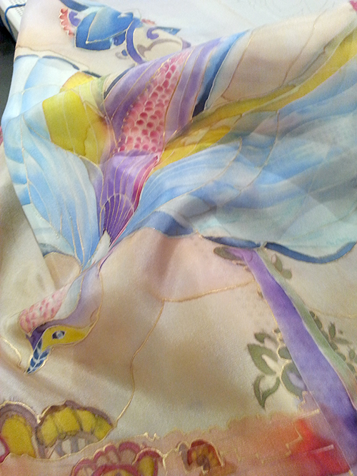 Silk scarf, Bird image, pastel colors, silk painting