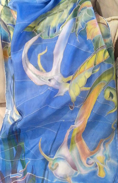Silk painting, Silk scarf, blue, Angel Tramplets
